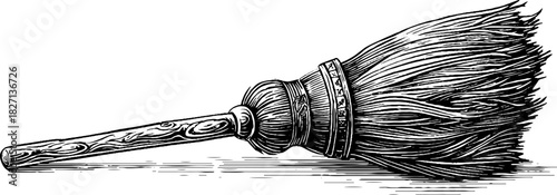 Rustic hand broom engraving: detailed decorative illustration design
