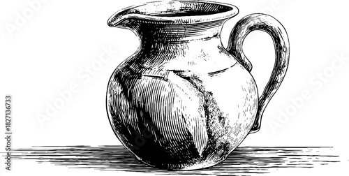 Engraved decorative rustic handled clay vintage sketch hand drawn engraving. Classic pottery motif.
