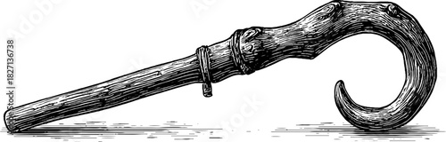 Rustic shepherd's crook engraving - vintage decorative illustration for antique design