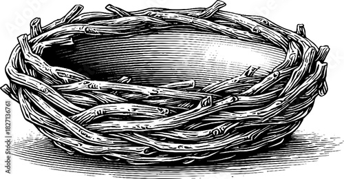 Rustic woven twig basket engraving for vintage design and decoration