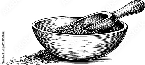 Rustic wooden seed scoop engraving with decorative bowl - perfect for vintage kitchen design