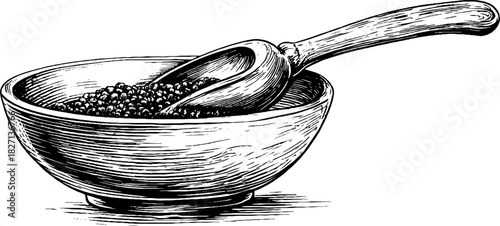 Rustic wooden seed scoop and bowl engraving for vintage decor and design