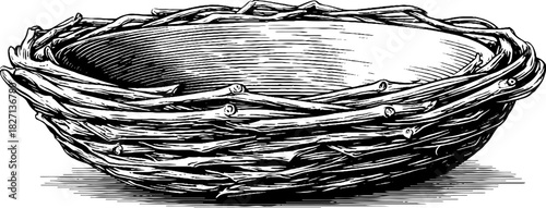 Rustic woven twig basket engraved decorative illustration for vintage design