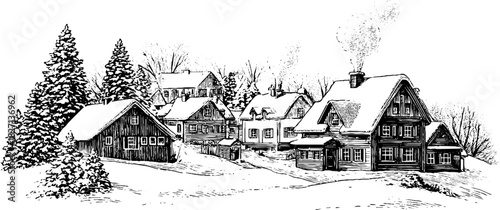 Winter scene of a snowy village horizon with charming rustic houses