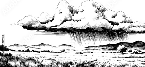 Engraved decorative illustration of a stormy landscape with dramatic clouds and rainfall