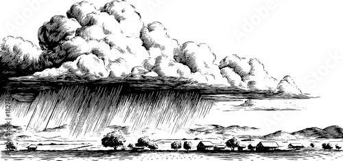 Engraved stormy landscape illustration with clouds and rain for decorative design