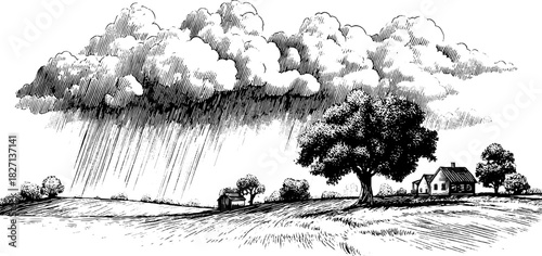 Engraved decorative illustration of a stormy landscape with dramatic clouds for art lovers