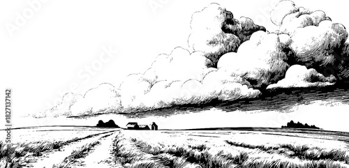 Engraved decorative stormy landscape illustration with dramatic clouds for artistic design
