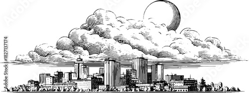 Engraved stylised polar night with city skyline and moon – decorative design for print