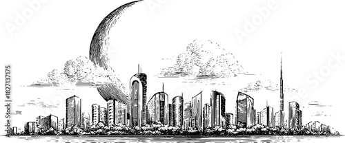 Engraved decorative illustration of a stylized polar night cityscape with crescent moon