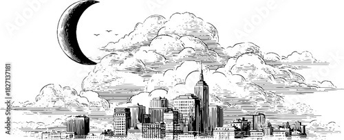 Stylised polar night with engraved city skyline and moon - retro decorative illustration for design