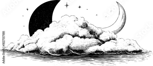 Stylized winter night sky with moon and stars - retro decorative design for cards and posters