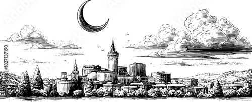 Engraved decorative illustration of a stylised polar night scene for design and print