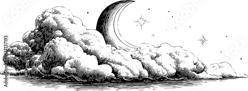 Stylized winter sky with moon and clouds decorative engraved illustration
