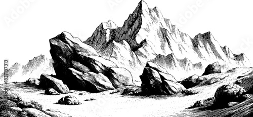 Engraved vintage illustration of volcanic landscape with majestic mountains for retro design projects