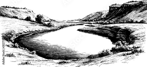 Engraved decorative landscape with river border - vintage art design for print