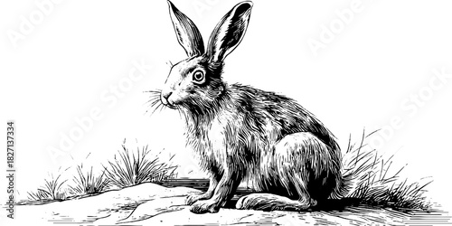 Decorative engraved illustration of upright sitting wild hare for vintage design
