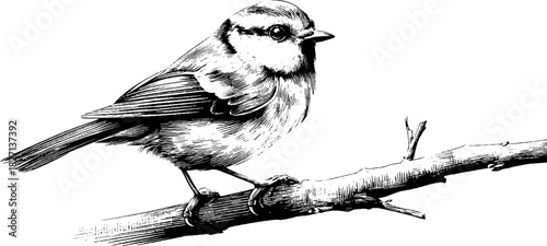 Woodland blue tit perched on branch - vintage engraved decorative design for nature-inspired decor