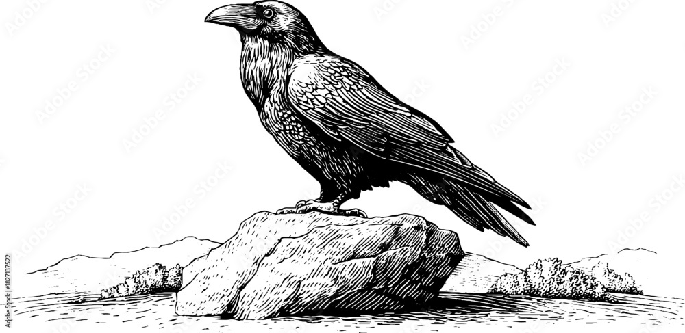 Fototapeta premium Engraved alpine raven perched on rock - vintage hand-drawn decorative illustration