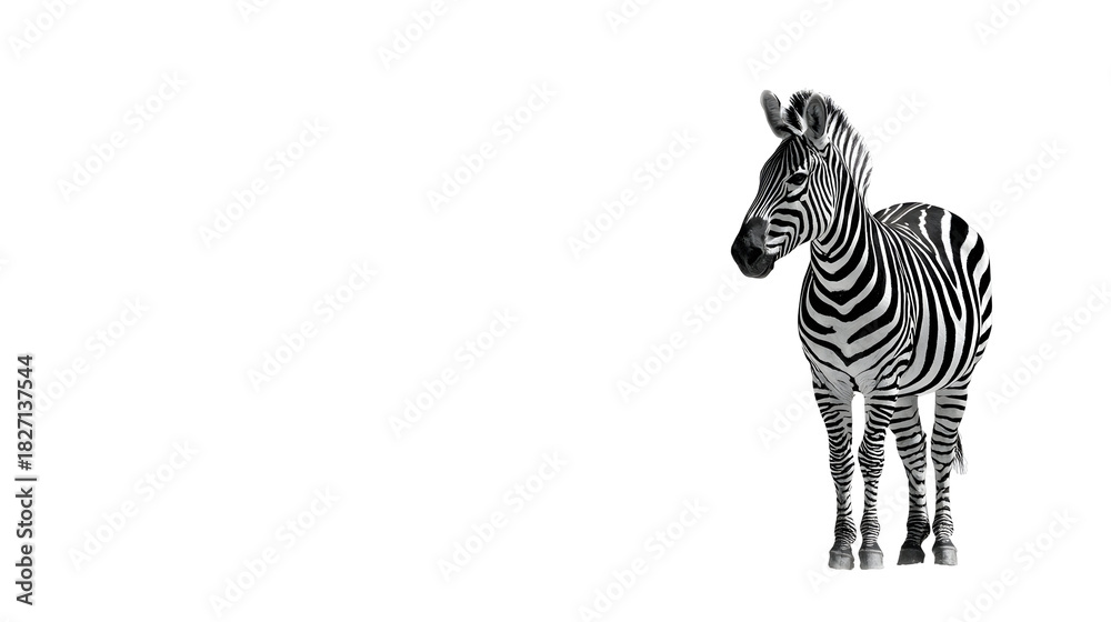 Fototapeta premium Zebra pops against stark black. Isolated, eye-catching, suitable for presentations, posters, graphic designs, or educational material.