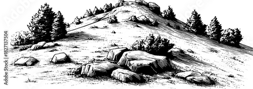 Engraved decorative illustration of an alpine hillside landscape