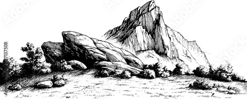 Engraved illustrative landscape alpine hillside decorative etching mountain rocks nature. Rustic scenic view.

