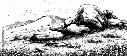 Engraved alpine meadow landscape with rocks and mountains for vintage design