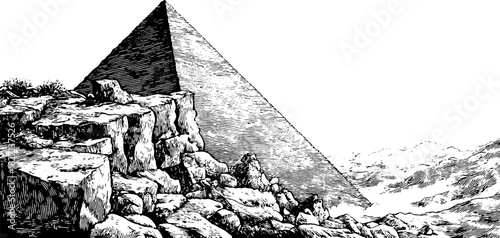 Vintage etched pyramid scene with rocky landscape for retro design and decoration