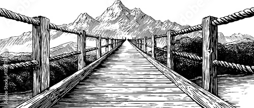 Alpine wooden footbridge engraving with mountain landscape for retro design