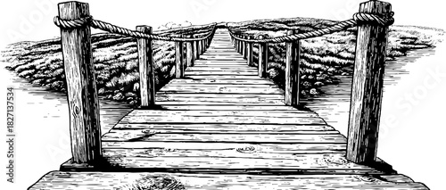 Engraved illustration of an alpine wooden footbridge design for rustic decor