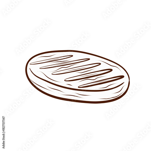 A piece of steak with distinctive grill marks. Vector illustration in a line art style. A simple black and brown image with no color, isolated on a white background. Suitable for menus, packaging