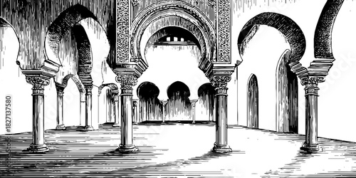 Vintage engraved illustration of decorative architectural arches and columns design