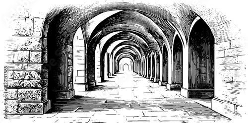 Vintage architectural sketch of an arched corridor for design and decoration