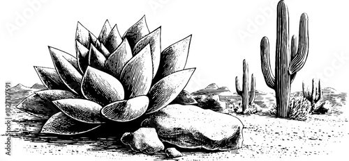 Decorative engraving of cactus and succulent in desert landscape - vintage desert ornament design