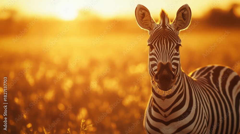 Fototapeta premium As the sun sets, sky with hues, a majestic zebra stands gracefully, blending into the landscape. This scene encapsulates the tranquility and beauty of the outdoors, inviting exploration of its wonders