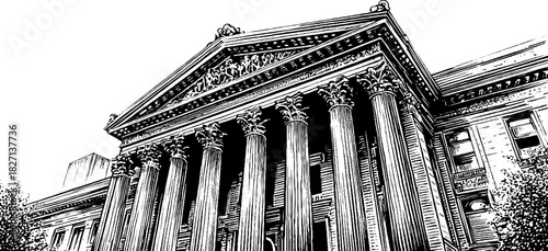 Ornate architectural building facade - vintage hand-drawn engraving for art and design