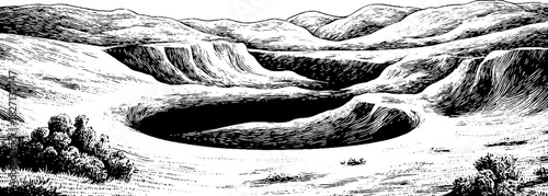 Engraved illustration of an otherworldly landscape with crater and hills