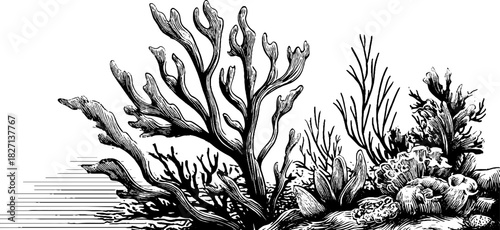 Vintage engraved underwater scene with coral and marine life for decorative design