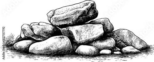 Engraved decorative illustration of broken river stones for retro design and decoration