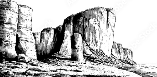 Scenic engraved illustration of eroded mudstone cliffs for natural landscape design