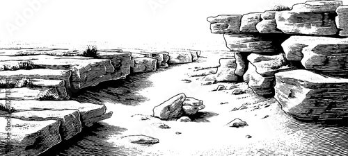 Engraved decorative illustration of eroded tidal rock shelves for coastal art design