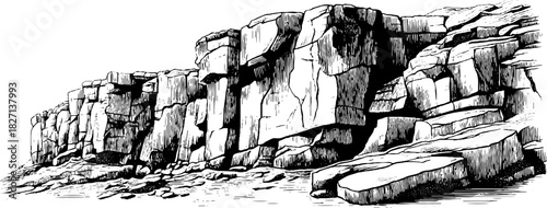 Hand-drawn engraving of fissured sediment cliffs for retro design projects