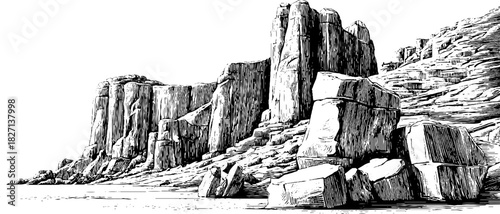 Engraved decorative art of fissured sediment cliffs for retro design