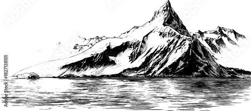 Layered coastal sediment with mountain silhouette in retro engraved style for design and decor