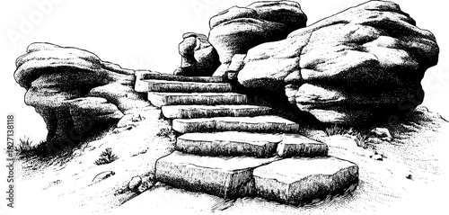 Engraved illustration of layered sandstone steps with decorative rock formations for retro design