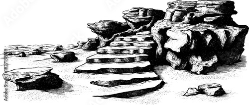 Engraved decorative illustration of layered sandstone steps and rock formations in retro style