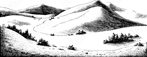 Engraved decorative illustration of rolling foothills landscape for design and print