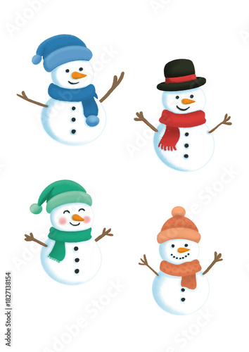 Cute Winter Snowmen Set in Cozy Hats and Scarves – Adorable Christmas Cartoon Characters on Transparent Background