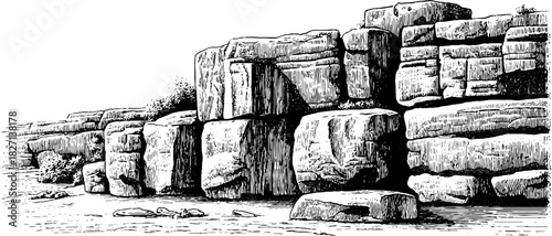 Engraved decorative illustration of rugged sandstone blocks in natural setting
