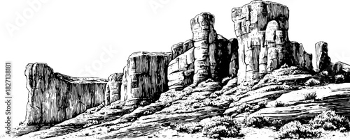 Decorative engraving of rugged sandstone blocks in vintage style for design